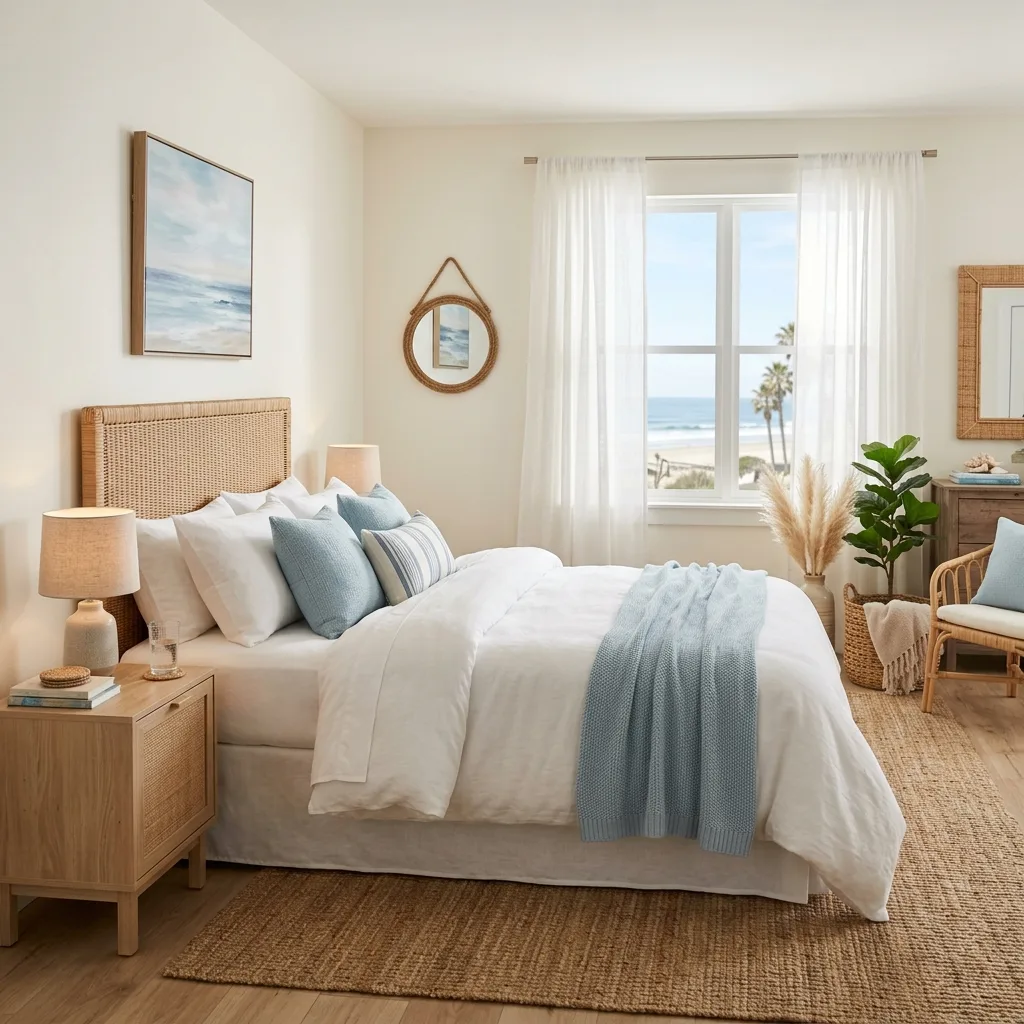 Coastal bedroom with white bedding and blue accents